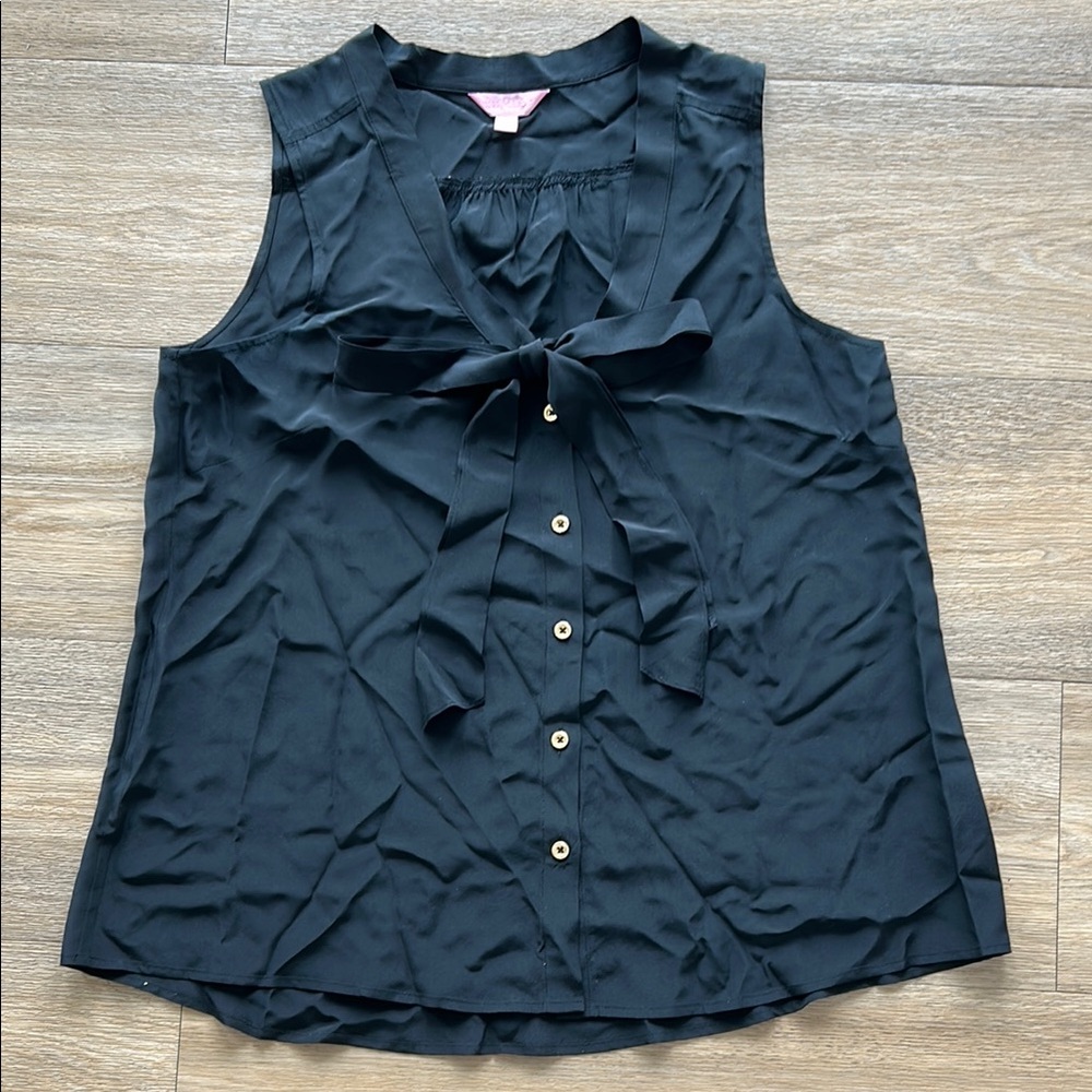 Lilly Pulitzer Black Sleeveless Tie-Neck Silk Blouse